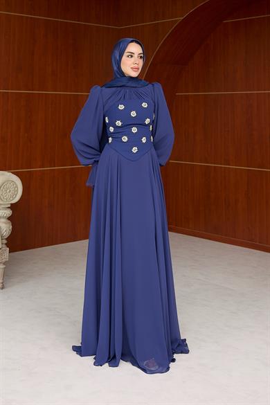 Karamel Taş Detaylı Abiye - Lacivert