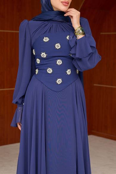 Karamel Taş Detaylı Abiye - Lacivert