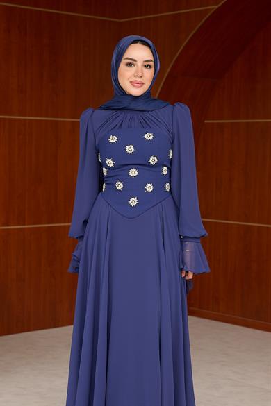 Karamel Taş Detaylı Abiye - Lacivert