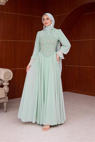 Karamel Taş Detaylı Abiye - Mint Yeşil