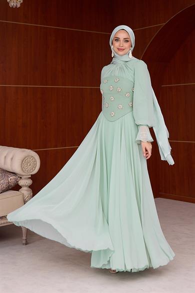 Karamel Taş Detaylı Abiye - Mint Yeşil