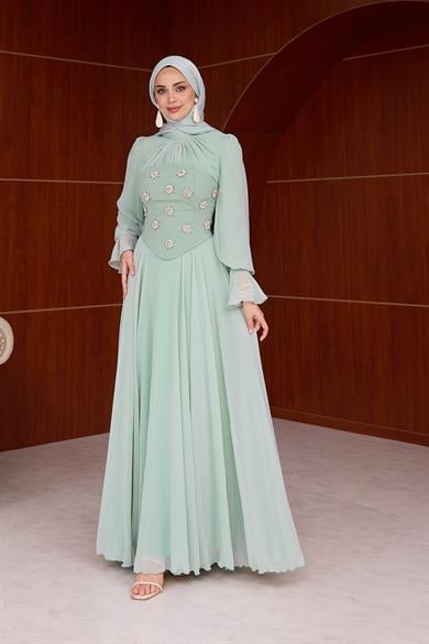 Karamel Taş Detaylı Abiye - Mint Yeşil