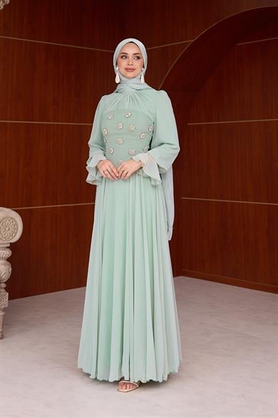 Karamel Taş Detaylı Abiye - Mint Yeşil