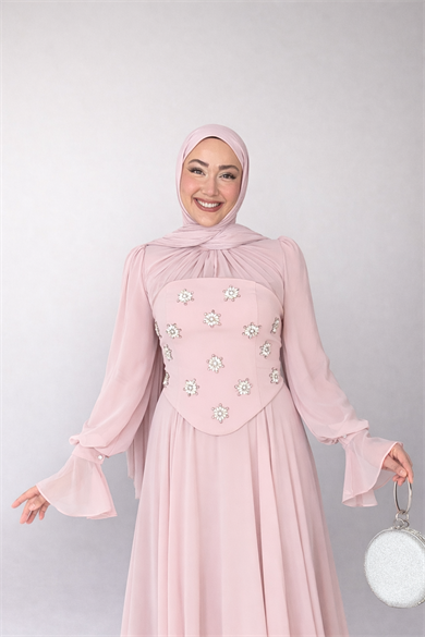 Karamel Taş Detaylı Abiye - Pudra