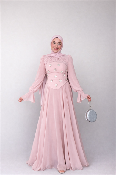 Karamel Taş Detaylı Abiye - Pudra