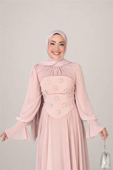 Karamel Taş Detaylı Abiye - Pudra