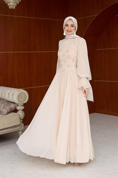 Karamel Taş Detaylı Abiye - Vizon