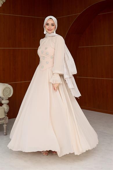 Karamel Taş Detaylı Abiye - Vizon