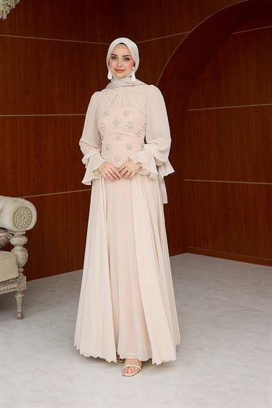 Karamel Taş Detaylı Abiye - Vizon