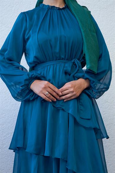 Tiered Waist Tied Evening Dress - Petrol Blue