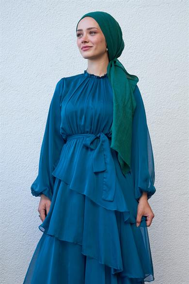 Tiered Waist Tied Evening Dress - Petrol Blue