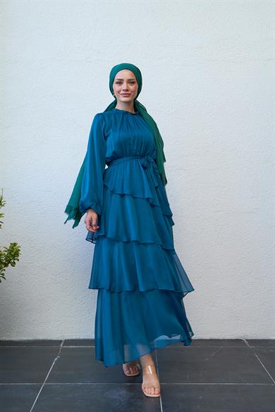 Tiered Waist Tied Evening Dress - Petrol Blue