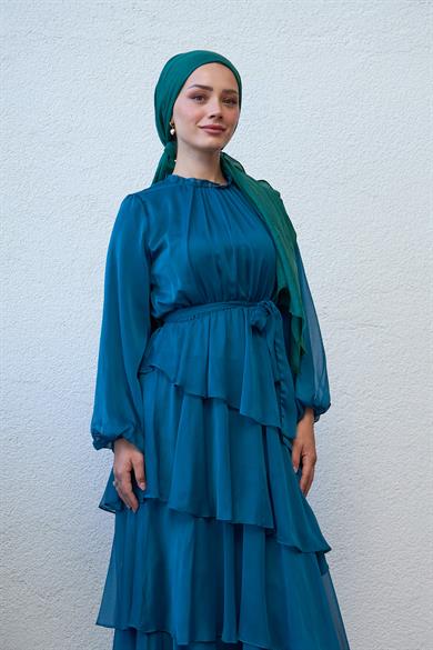 Tiered Waist Tied Evening Dress - Petrol Blue