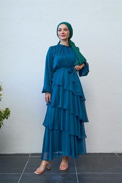 Tiered Waist Tied Evening Dress - Petrol Blue