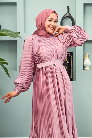 Belted Layered Evening Dress - Powder