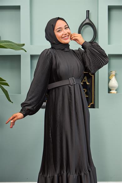 Kemerli Katlı Abiye - Siyah