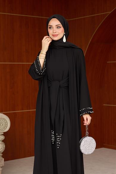Kol Detay İnci İşlemeli  İçlikli Abaya - Siyah