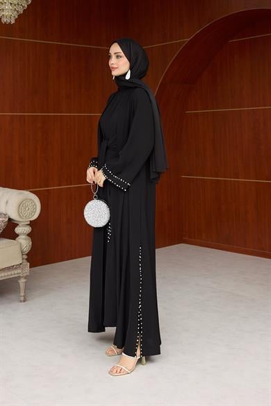 Kol Detay İnci İşlemeli  İçlikli Abaya - Siyah