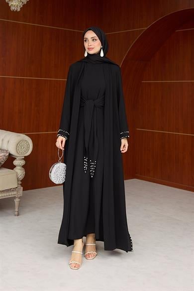 Kol Detay İnci İşlemeli  İçlikli Abaya - Siyah