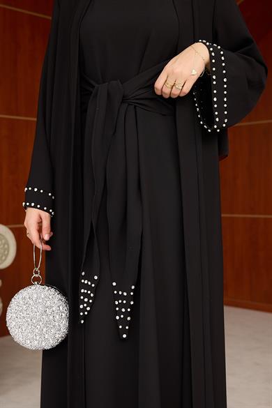 Kol Detay İnci İşlemeli  İçlikli Abaya - Siyah