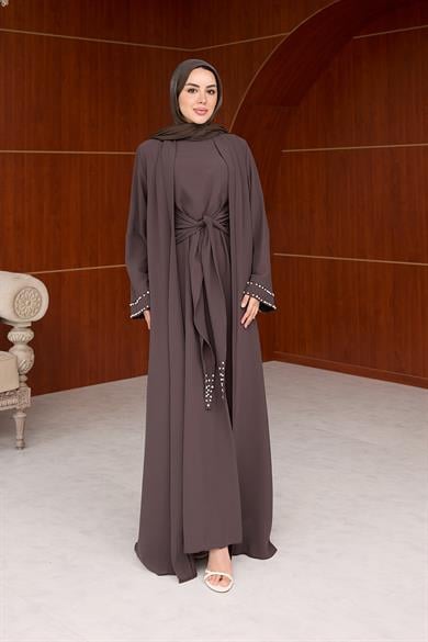 Kol Detay İnci İşlemeli  İçlikli Abaya - Kahverengi