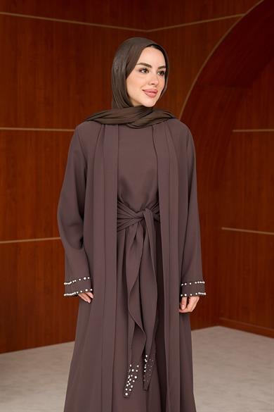 Kol Detay İnci İşlemeli  İçlikli Abaya - Kahverengi