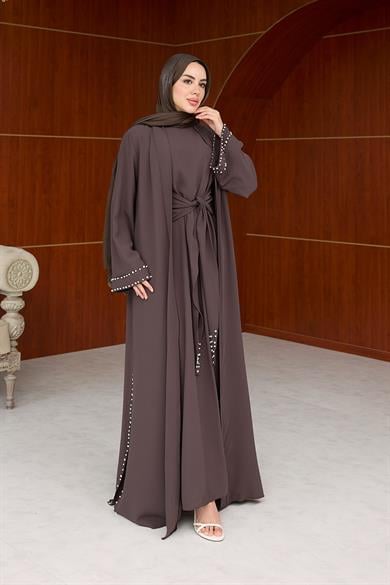 Kol Detay İnci İşlemeli  İçlikli Abaya - Kahverengi