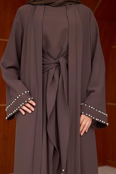Kol Detay İnci İşlemeli  İçlikli Abaya - Kahverengi