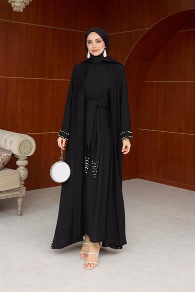 Kol Detay İnci İşlemeli  İçlikli Abaya - Siyah
