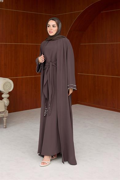 Kol Detay İnci İşlemeli  İçlikli Abaya - Kahverengi