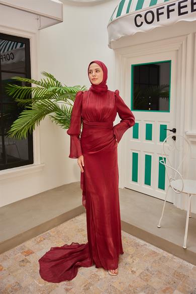 Kol Detaylı Işıltı Abiye - Bordo