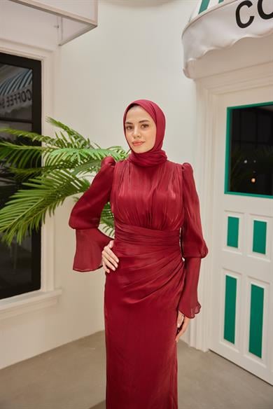 Kol Detaylı Işıltı Abiye - Bordo