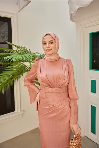 Kol Detaylı Işıltı Abiye - Somon