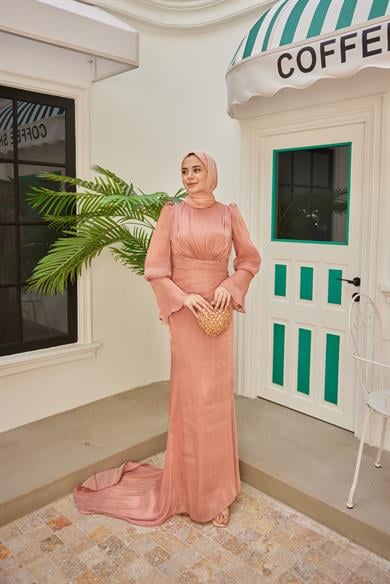 Kol Detaylı Işıltı Abiye - Somon