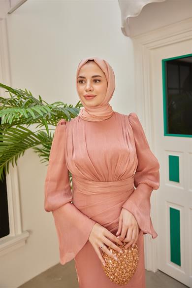 Kol Detaylı Işıltı Abiye - Somon