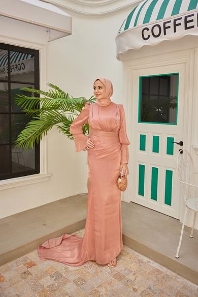 Kol Detaylı Işıltı Abiye - Somon