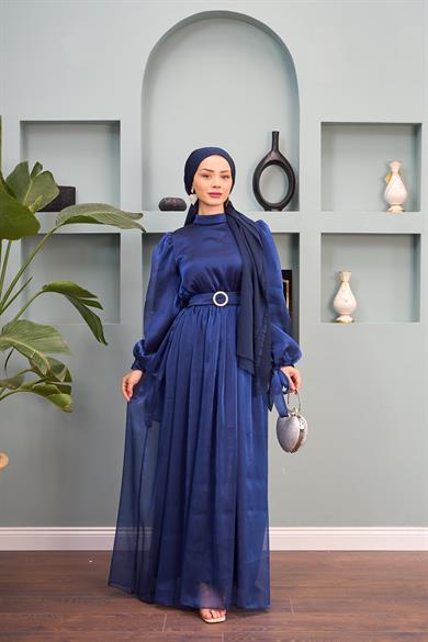 Kol Detaylı Kemerli Abiye - Lacivert