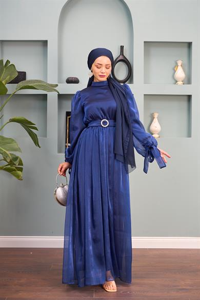 Kol Detaylı Kemerli Abiye - Lacivert