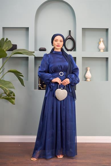 Kol Detaylı Kemerli Abiye - Lacivert