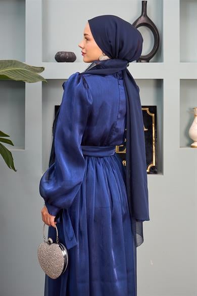 Kol Detaylı Kemerli Abiye - Lacivert