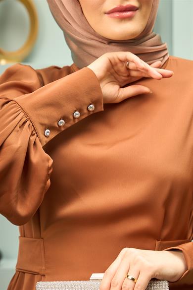 Satin Evening Dress with Cufflinks and Back Tie - Tile - Tile