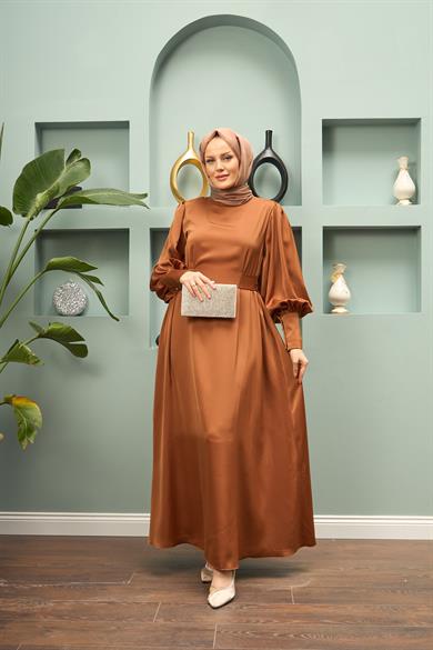 Satin Evening Dress with Cufflinks and Back Tie - Tile - Tile