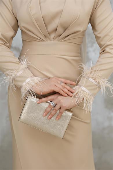 Kol Tüy Detaylı Krep Abiye - Bej