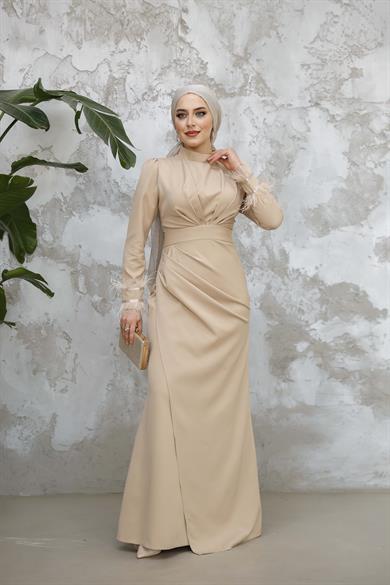 Kol Tüy Detaylı Krep Abiye - Bej
