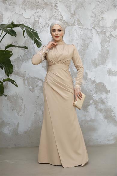 Kol Tüy Detaylı Krep Abiye - Bej