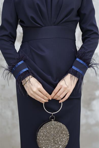 Kol Tüy Detaylı Krep Abiye - Lacivert