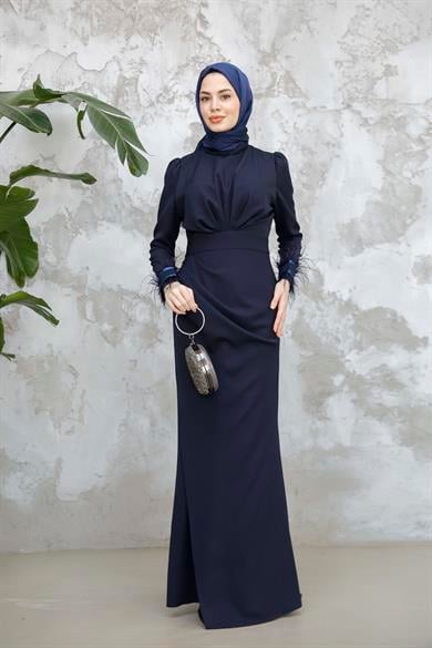 Kol Tüy Detaylı Krep Abiye - Lacivert