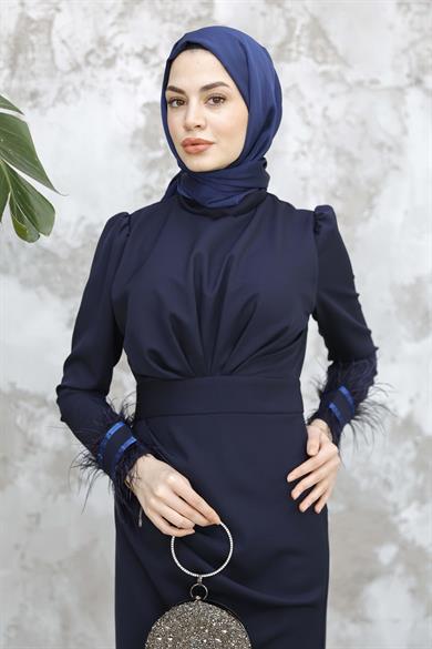 Kol Tüy Detaylı Krep Abiye - Lacivert