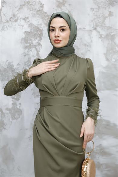 Kol Tüy Detaylı Krep Abiye - Yeşil