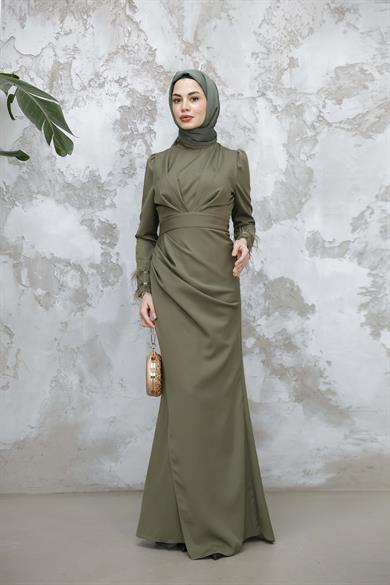 Kol Tüy Detaylı Krep Abiye - Yeşil